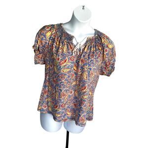 LRL RALPH LAUREN JEANS BLUE PAISLEY TOP, SIZE XL, ROPE TIE.